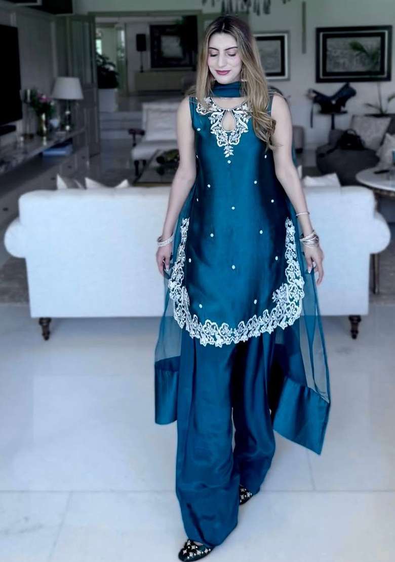 Navy Blue Embroidery Crepe Kurta Set - Indya