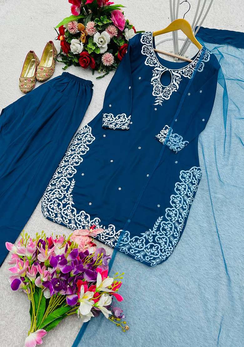 Navy Blue Embroidery Crepe Kurta Set - Indya