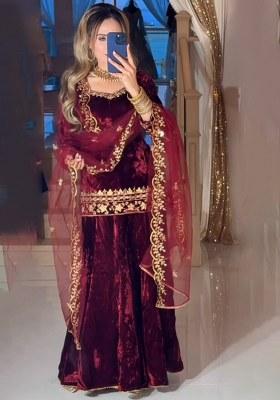 Wine Embroidery Viscose Velvet Kurta Set