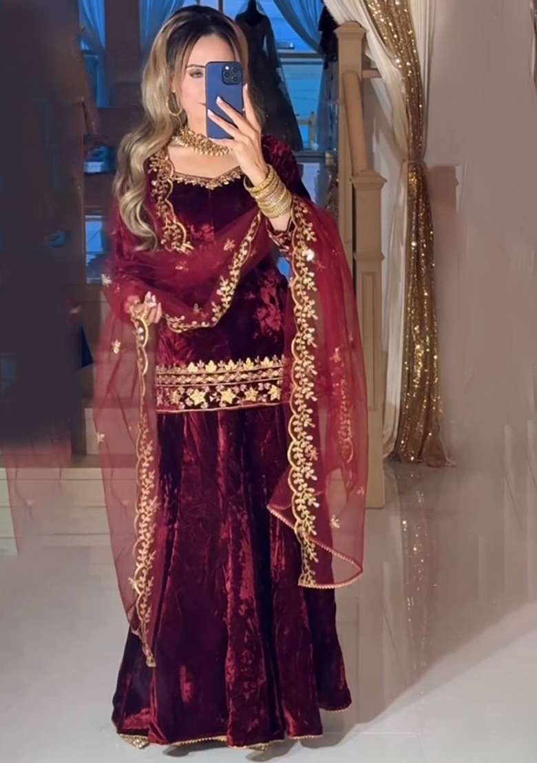 Wine Embroidery Viscose Velvet Kurta Set - Indya