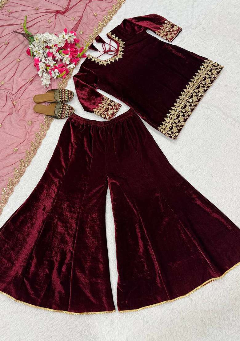 Wine Embroidery Viscose Velvet Kurta Set - Indya