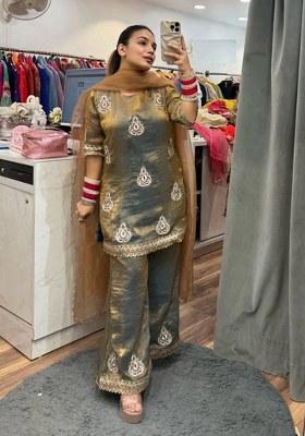 Grey Embroidery Silk Kurta Set