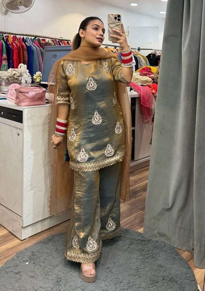 Grey Embroidery Silk Kurta Set - Indya