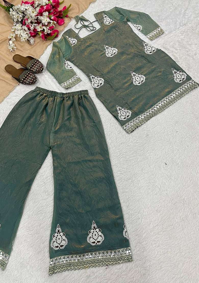 Grey Embroidery Silk Kurta Set - Indya