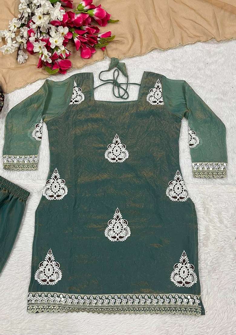 Grey Embroidery Silk Kurta Set - Indya