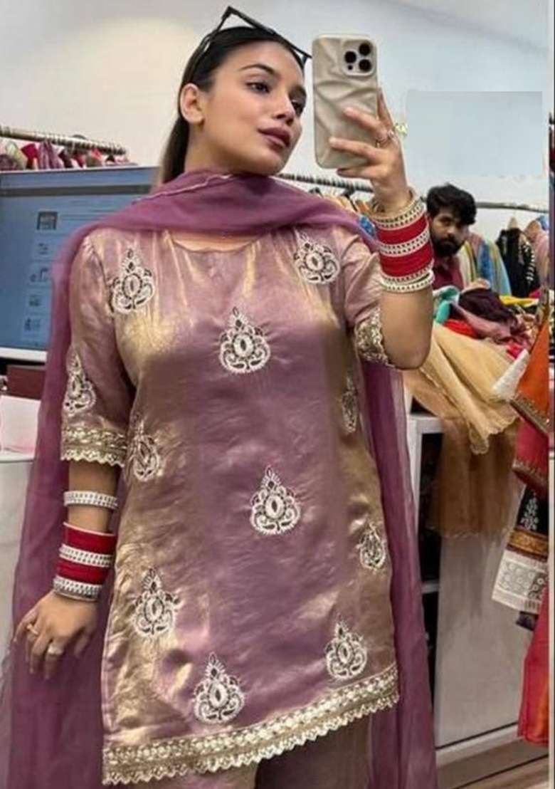 Lavender Embroidery Silk Kurta Set - Indya