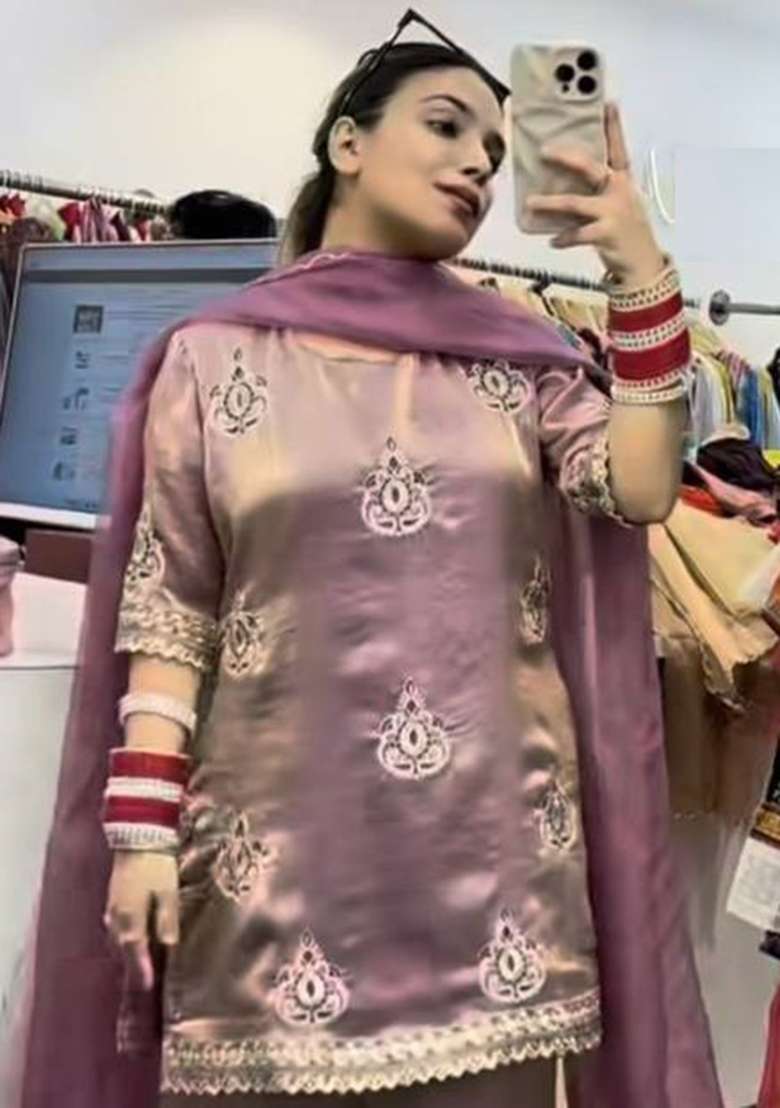 Lavender Embroidery Silk Kurta Set - Indya