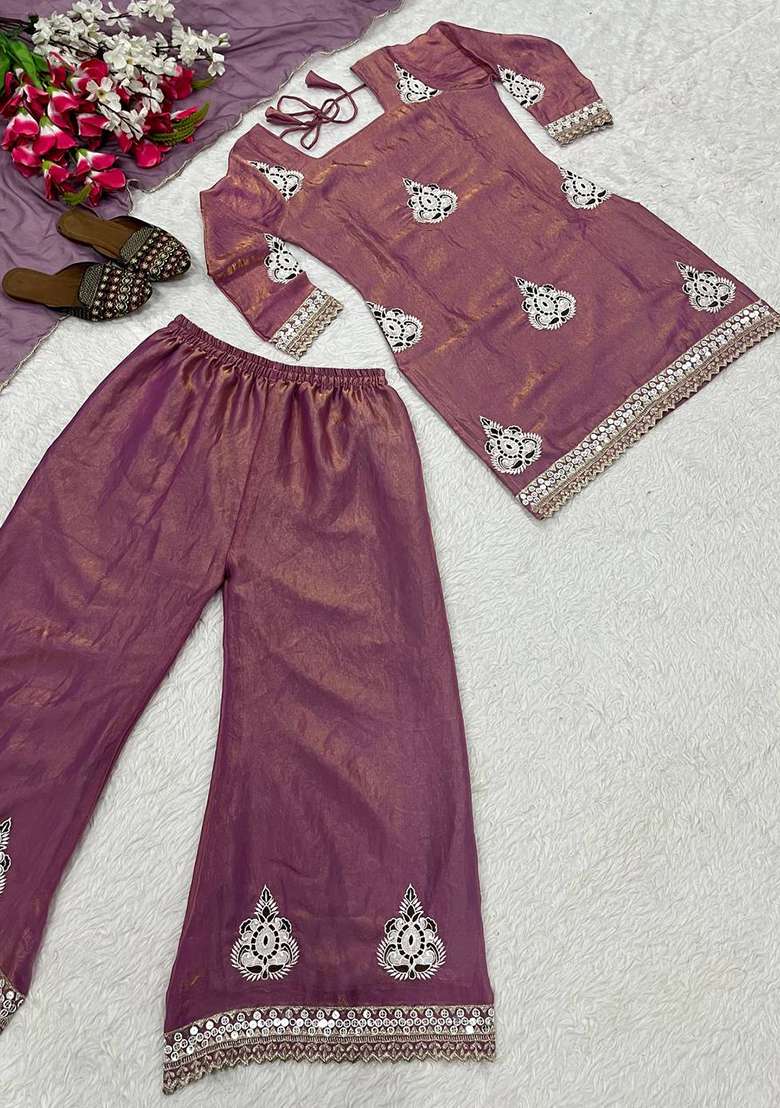 Lavender Embroidery Silk Kurta Set - Indya