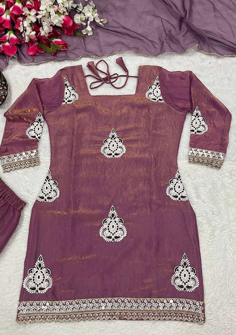 Lavender Embroidery Silk Kurta Set - Indya