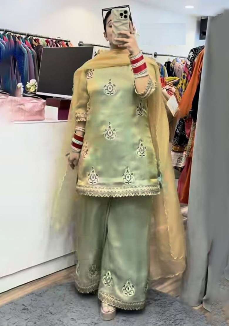 Mint Green Embroidery Silk Kurta Set - Indya