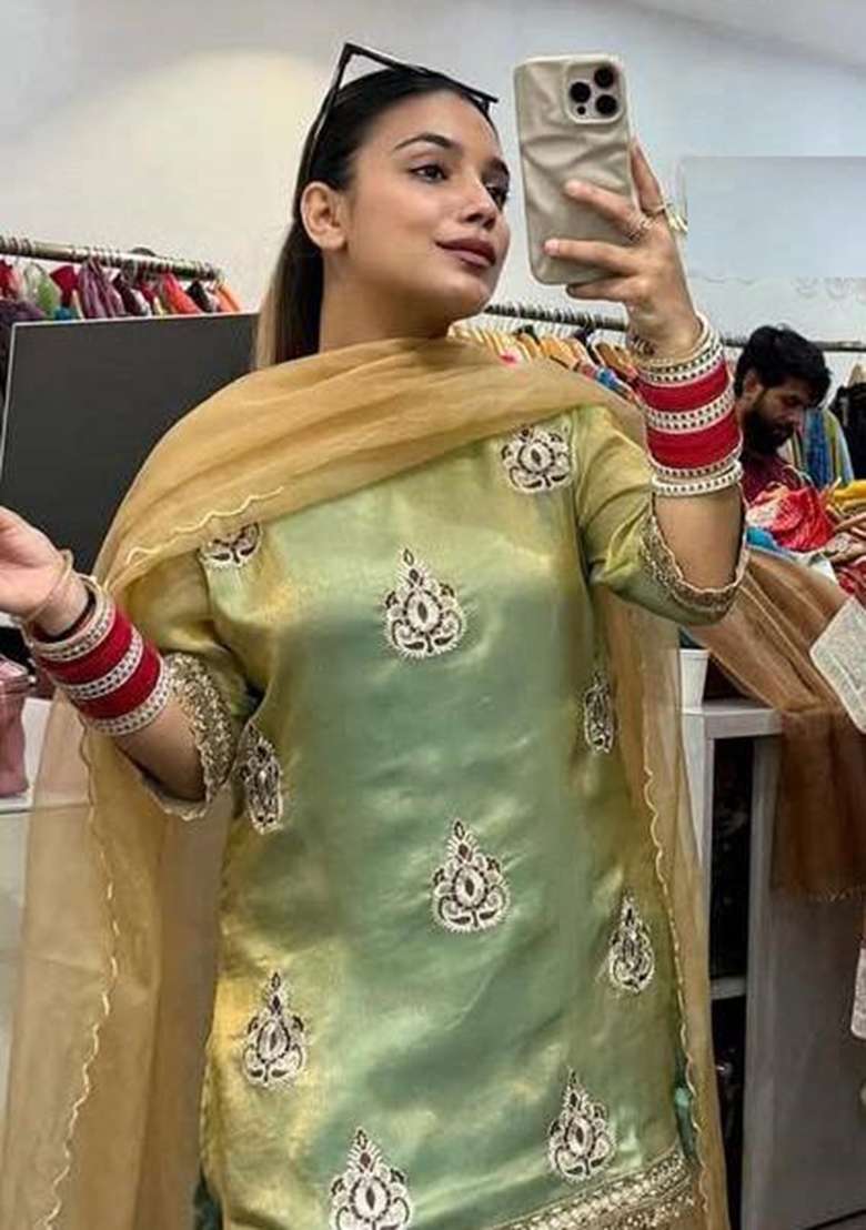 Mint Green Embroidery Silk Kurta Set - Indya