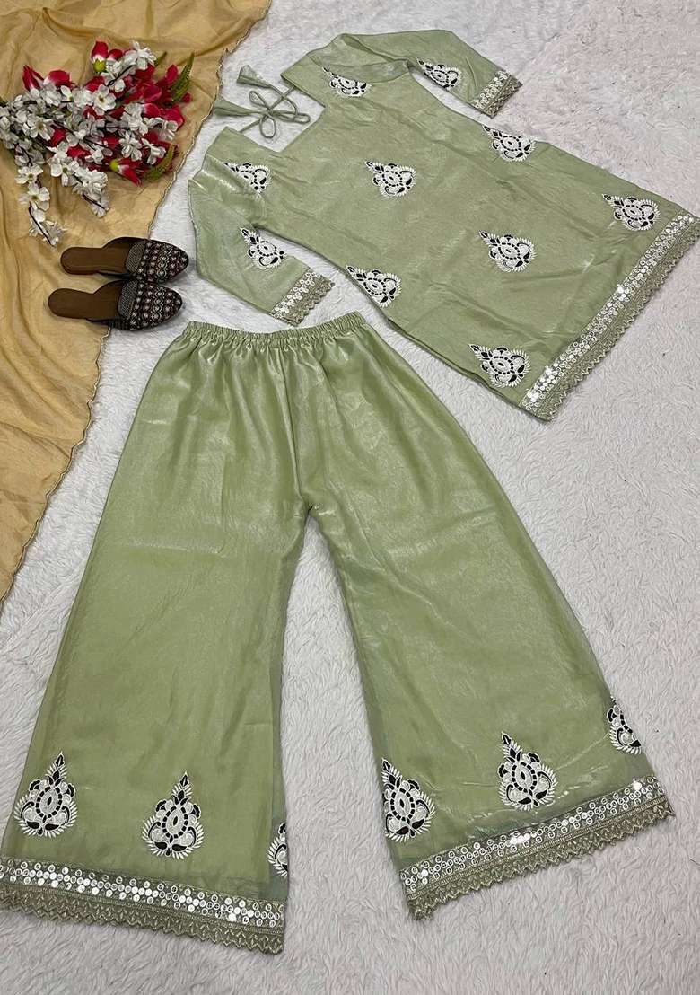 Mint Green Embroidery Silk Kurta Set - Indya