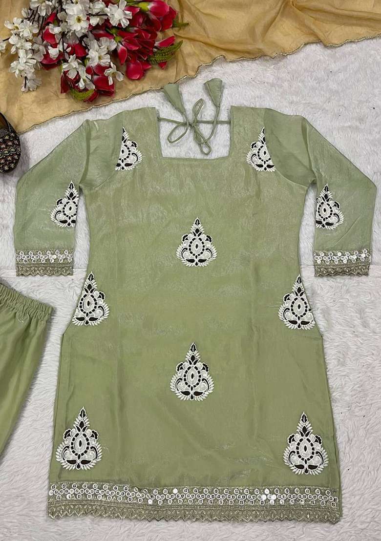 Mint Green Embroidery Silk Kurta Set - Indya