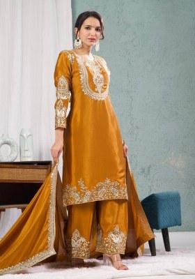 Mustard Yellow Embroidery Chinon Kurta Set