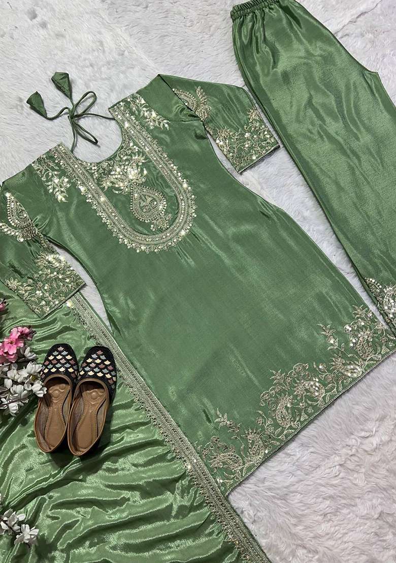 Pista Embroidery Chinon Kurta Set - Indya