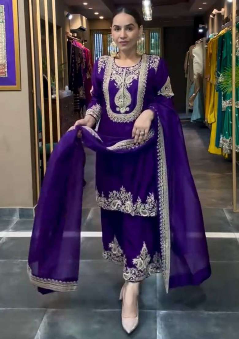 Purple Embroidery Chinon Kurta Set - Indya