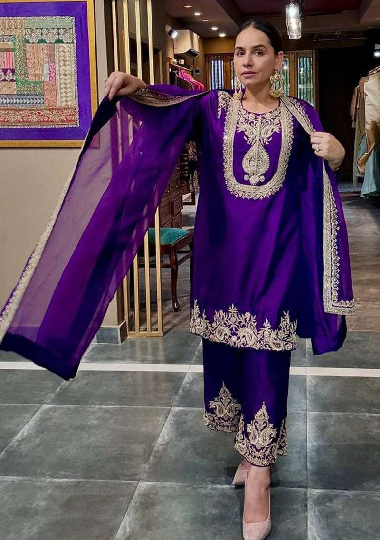 Purple Embroidery Chinon Kurta Set - Indya