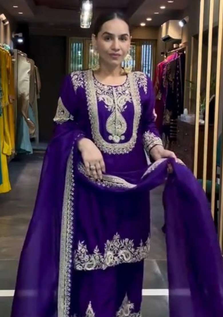 Purple Embroidery Chinon Kurta Set - Indya