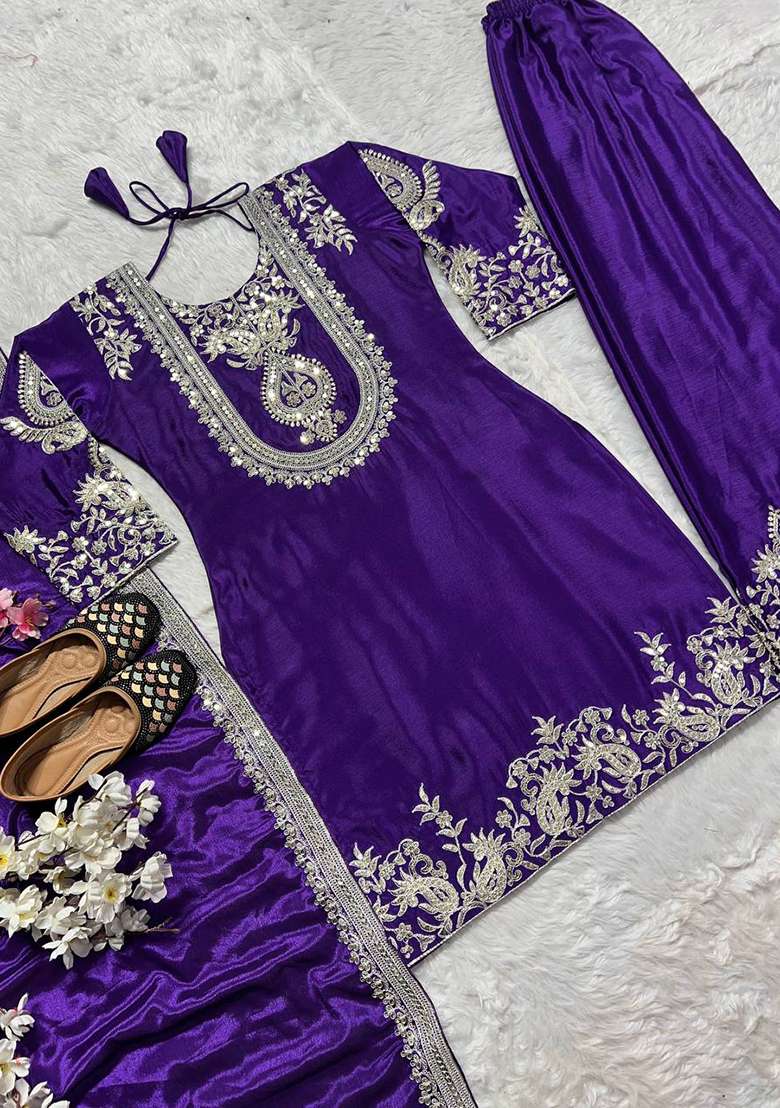 Purple Embroidery Chinon Kurta Set - Indya