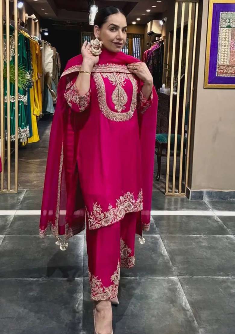 Rani Pink Embroidery Chinon Kurta Set - Indya