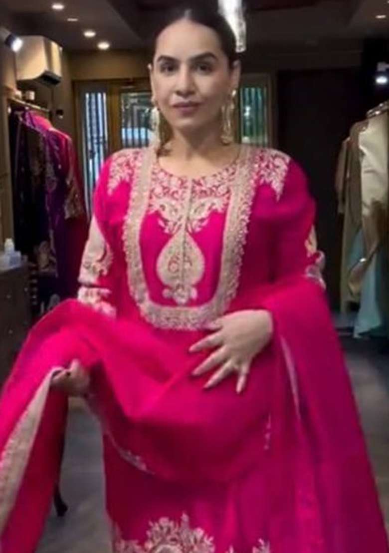 Rani Pink Embroidery Chinon Kurta Set - Indya