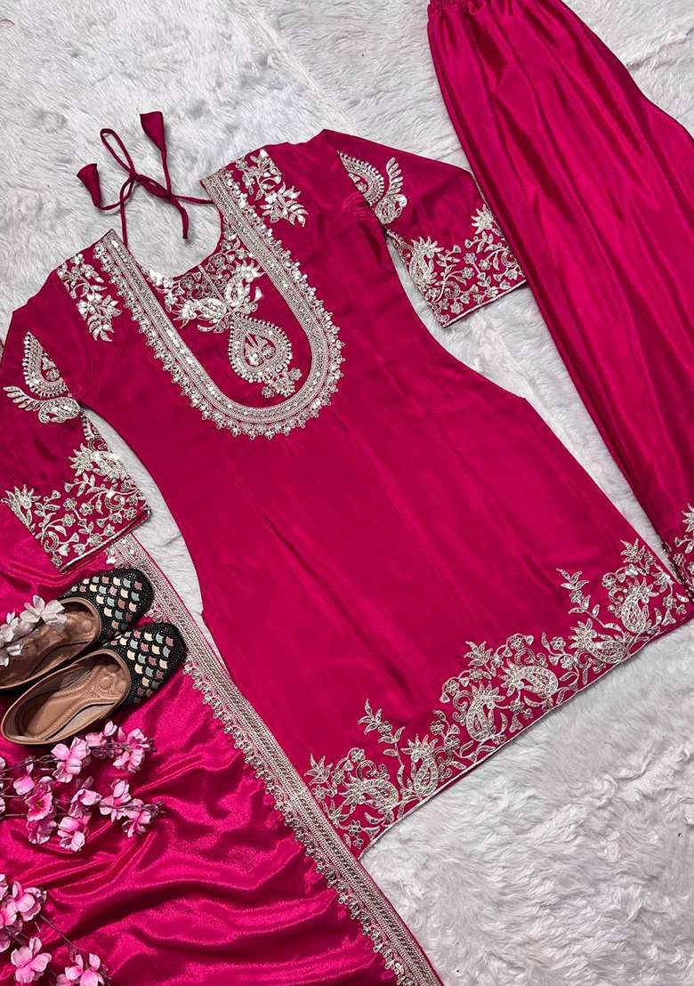 Rani Pink Embroidery Chinon Kurta Set - Indya
