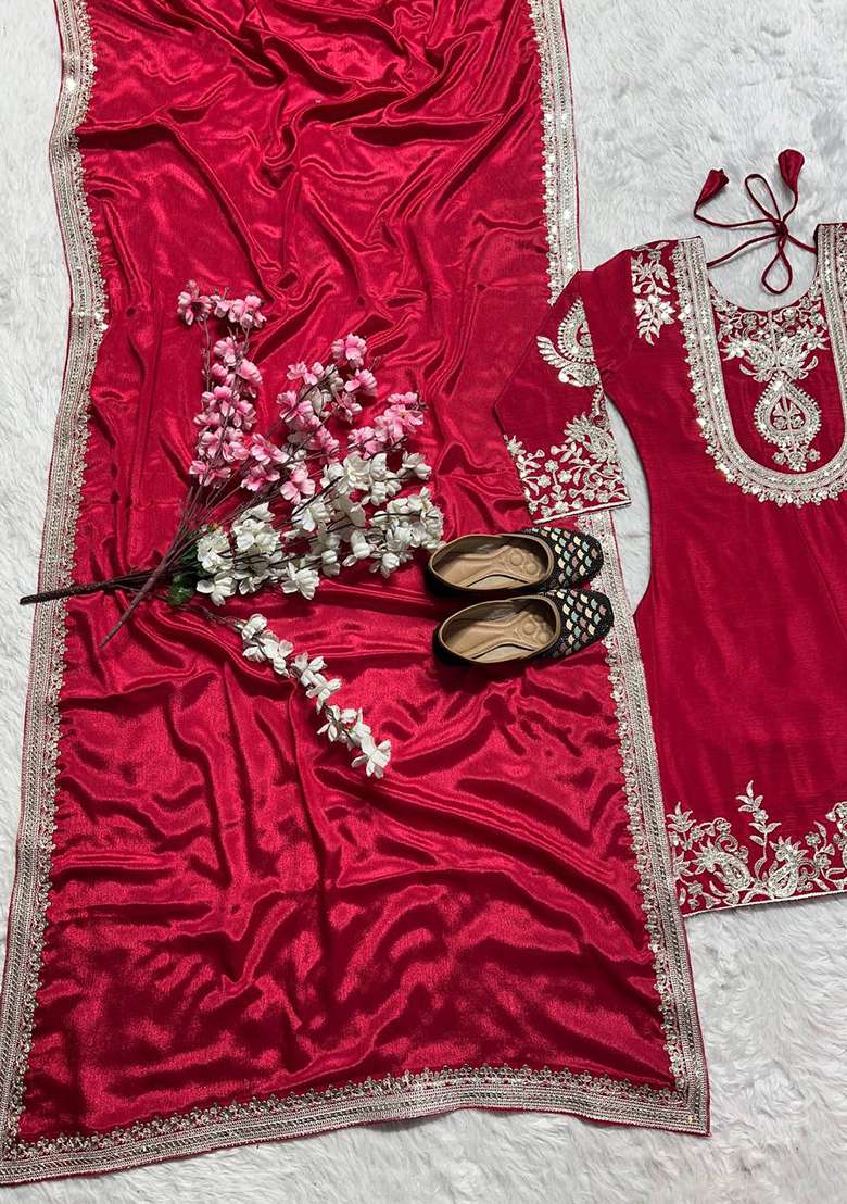 Red Embroidery Chinon Kurta Set - Indya