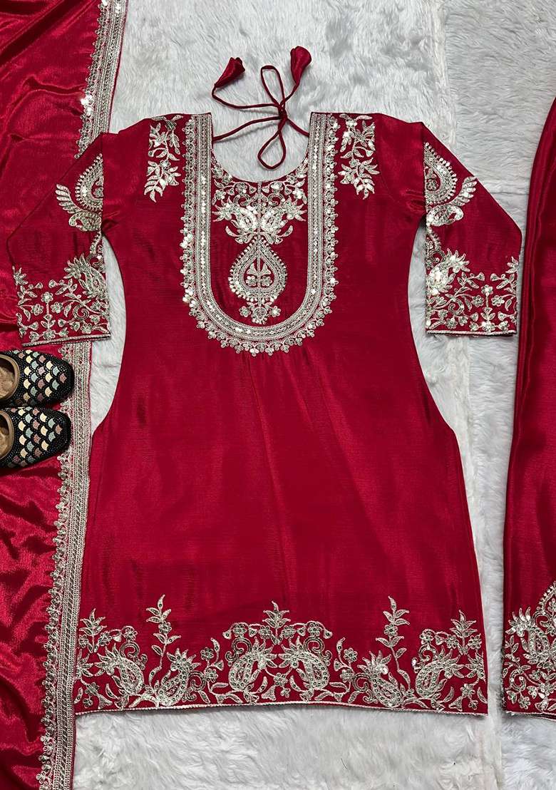 Red Embroidery Chinon Kurta Set - Indya