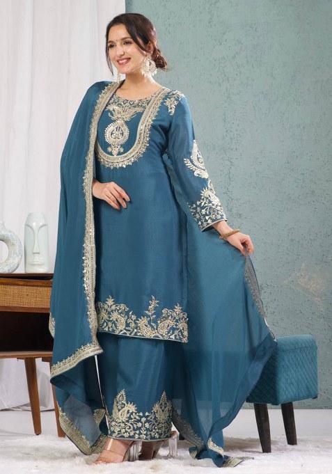 Teal Embroidery Chinon Kurta Set