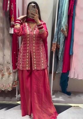 Rani Pink Embroidery Silk Kurta Set