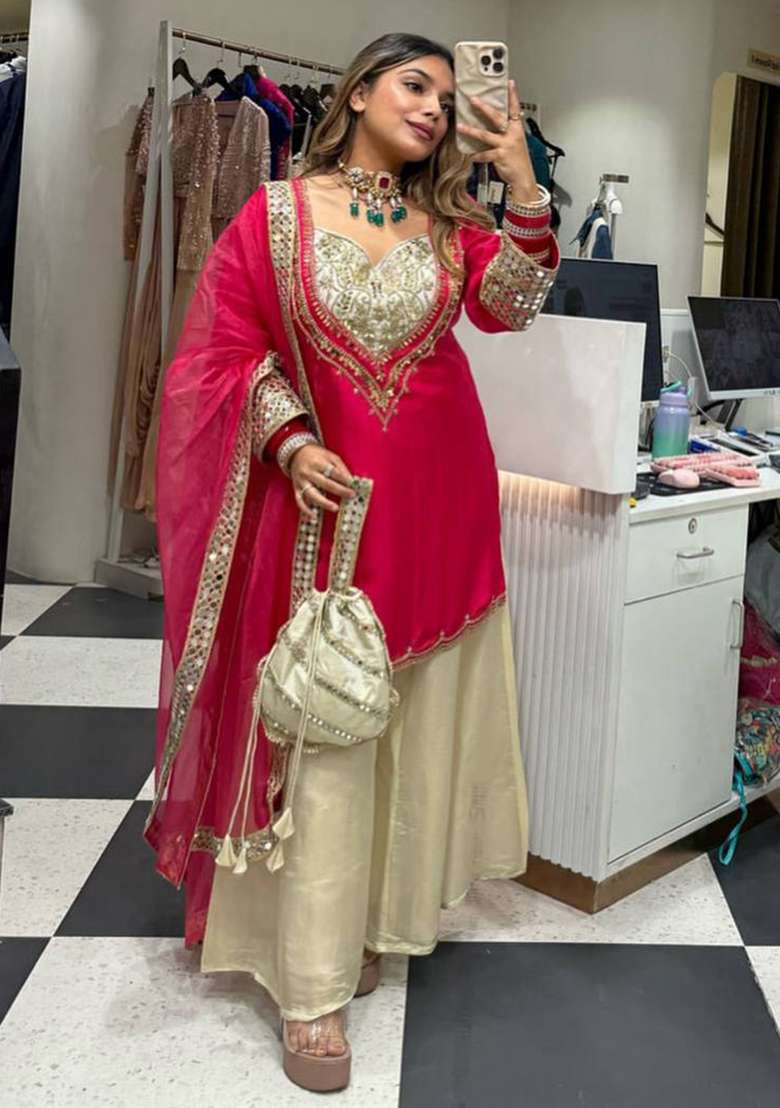 Red Embroidery Crepe Kurta Set - Indya