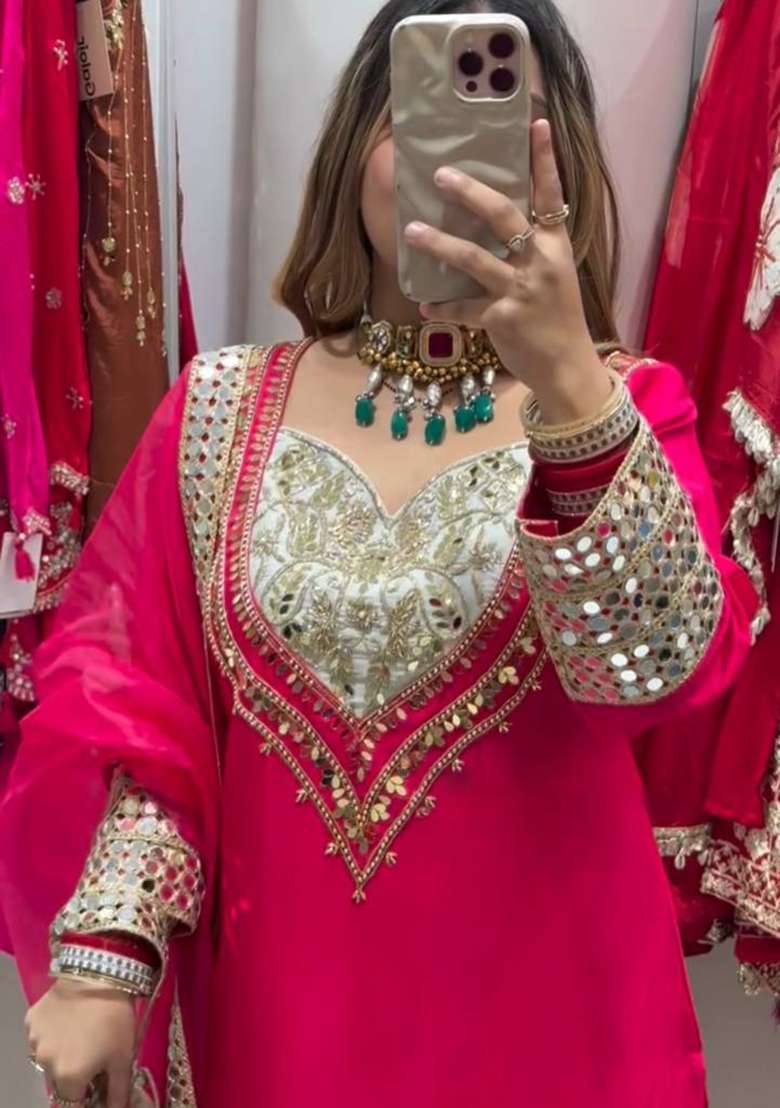 Red Embroidery Crepe Kurta Set - Indya