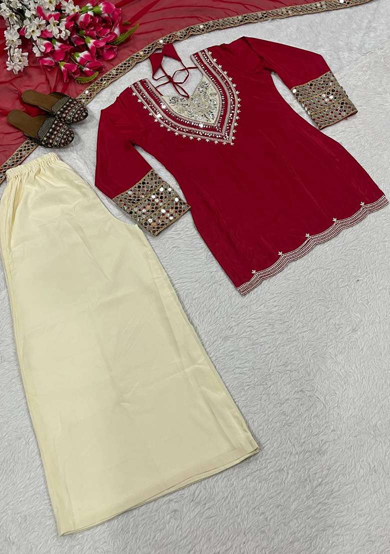 Red Embroidery Crepe Kurta Set - Indya