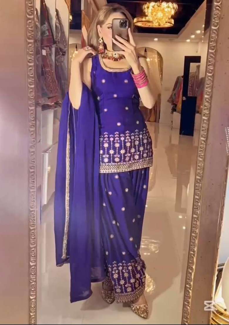 Purple Embroidery Chinon Kurta Set - Indya