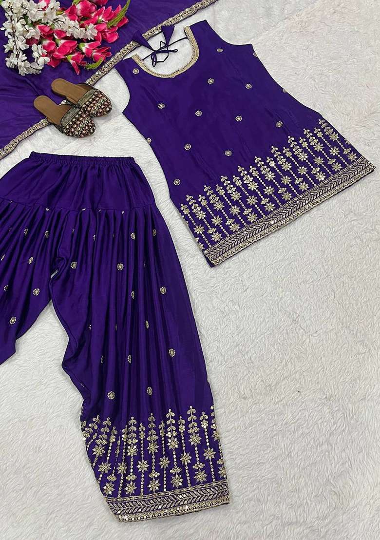 Purple Embroidery Chinon Kurta Set - Indya