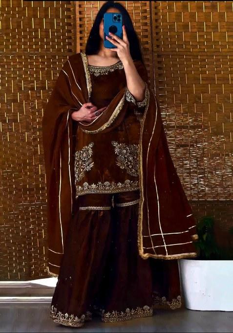 Brown Embroidery Crepe Kurta Set
