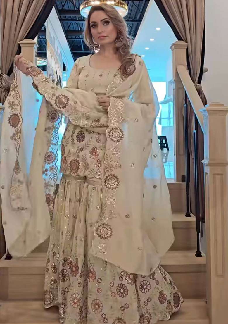 White Embroidery Chinon Kurta Set - Indya