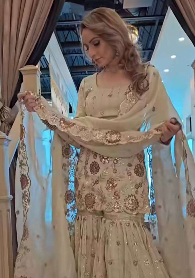 White Embroidery Chinon Kurta Set - Indya