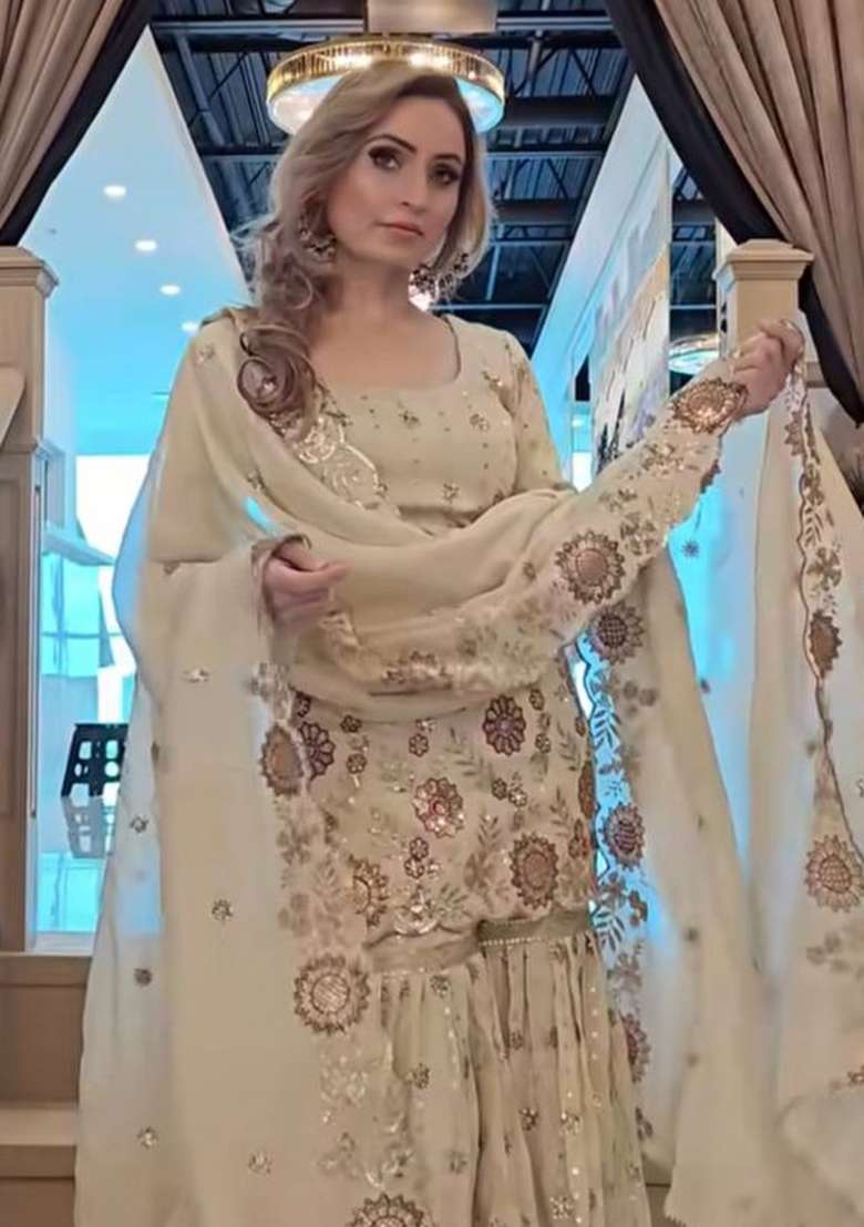 White Embroidery Chinon Kurta Set - Indya
