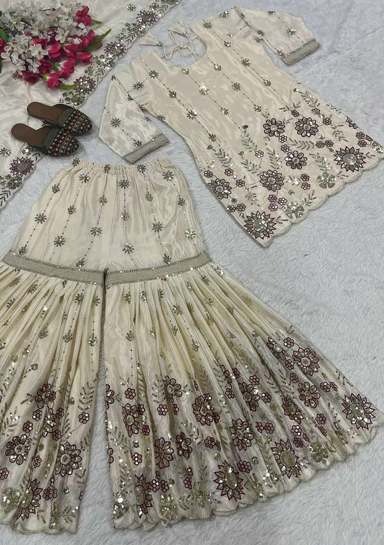 White Embroidery Chinon Kurta Set - Indya