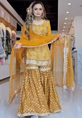 Yellow Embroidery Chinon Kurta Set