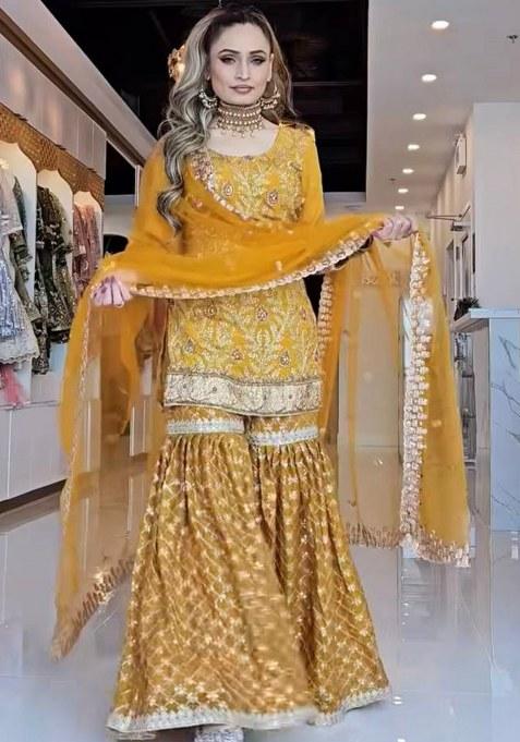 Yellow Embroidery Chinon Kurta Set