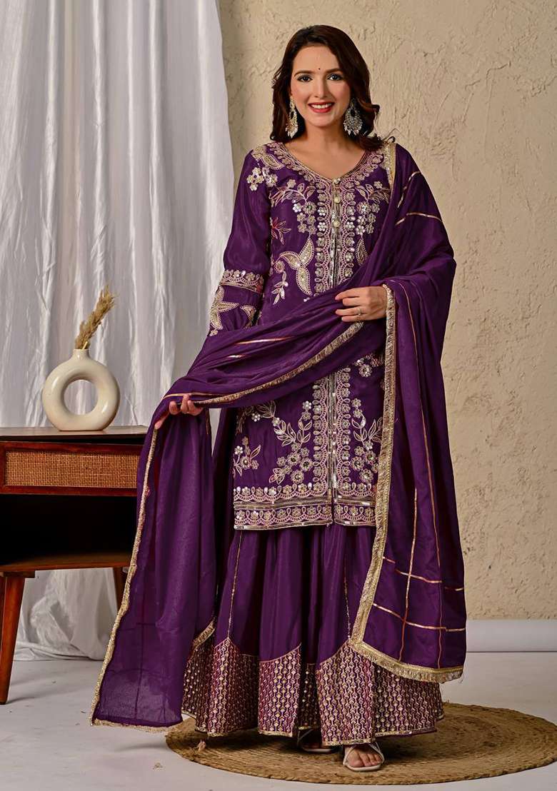 Plum Embroidery Chinon Kurta Set - Indya