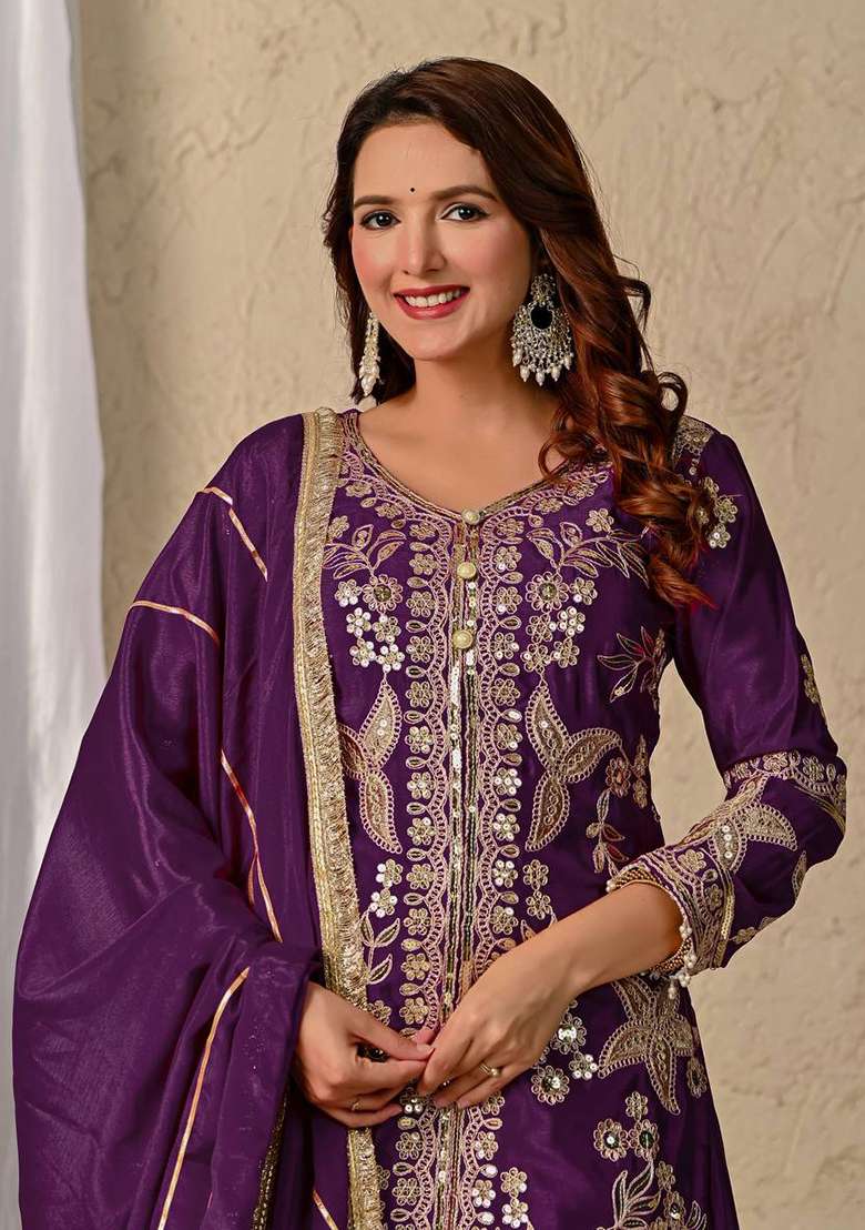Plum Embroidery Chinon Kurta Set - Indya