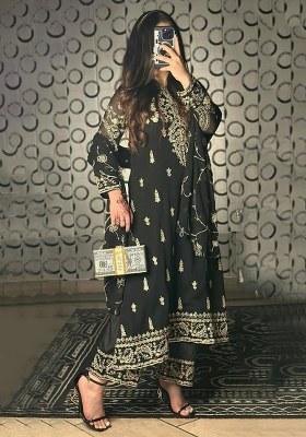 Black Embroidery Chinon Kurta Set