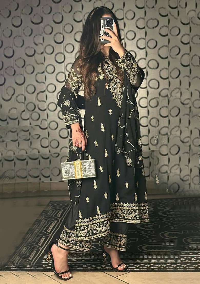 Black Embroidery Chinon Kurta Set - Indya