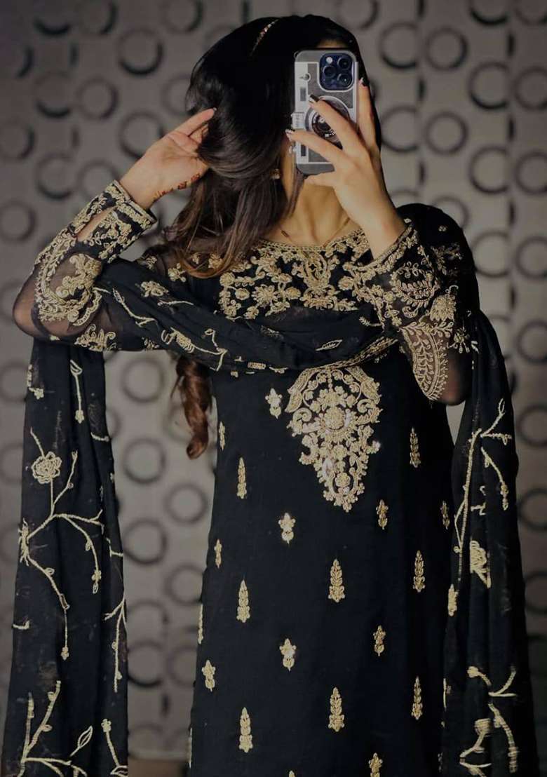 Black Embroidery Chinon Kurta Set - Indya