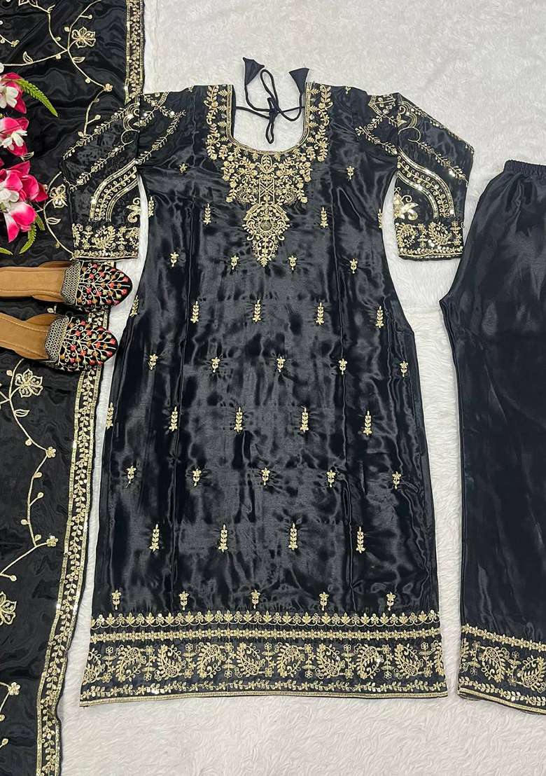 Black Embroidery Chinon Kurta Set - Indya