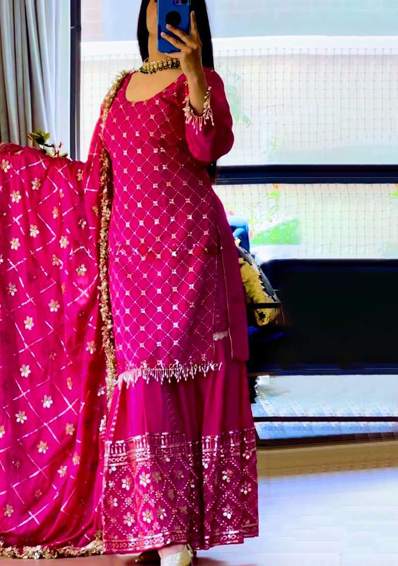 Rani Pink Embroidery Chinon Kurta Set - Indya