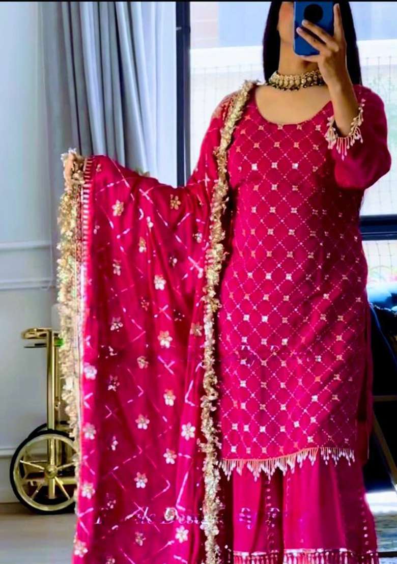 Rani Pink Embroidery Chinon Kurta Set - Indya
